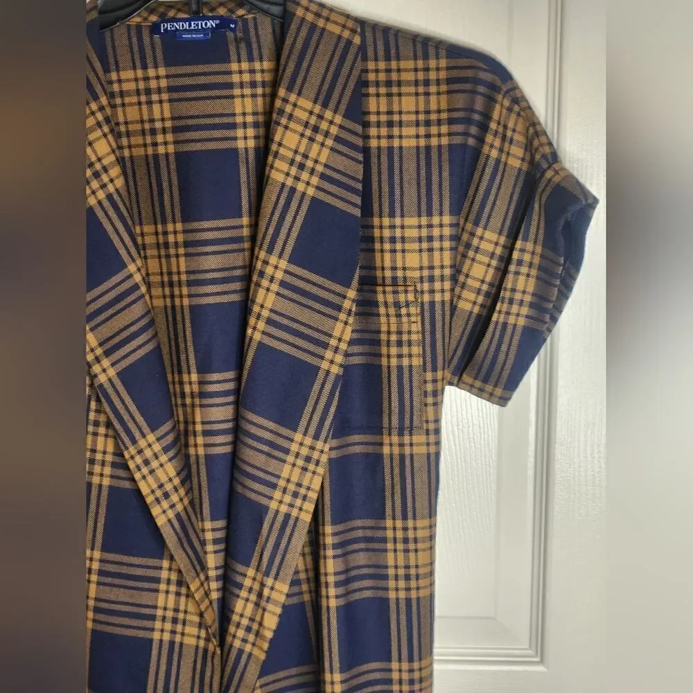 Pendleton M NavyBrownPlaid Shrtslv BeltPockets VirginWool WomenOpenedCardiganUSA